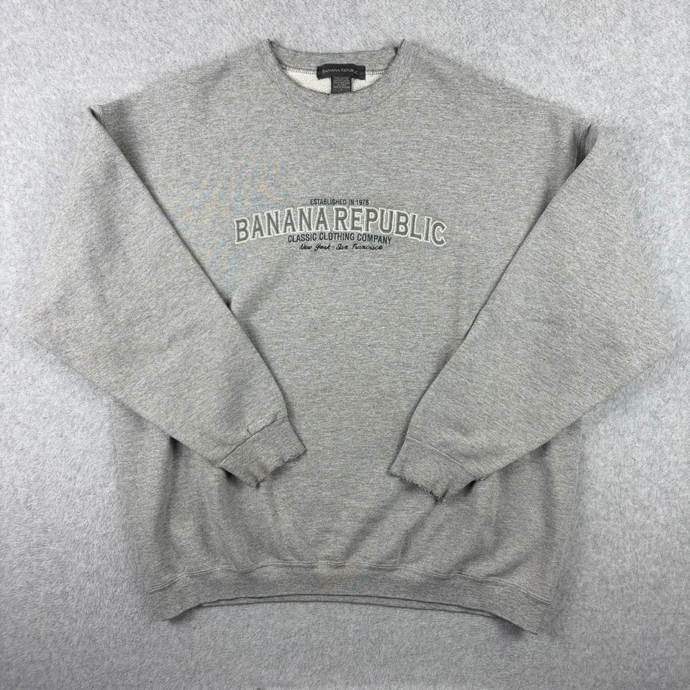 Vtg‎ Banana Republic Sweatshirt Mens Large Gray Embroidered Distressed 90s USA